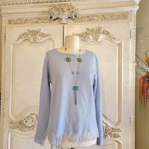 Griffen 100% Fringed Cashmere Baby Blue Knit Sweater Women's Size S Small - Picture 1 of 6